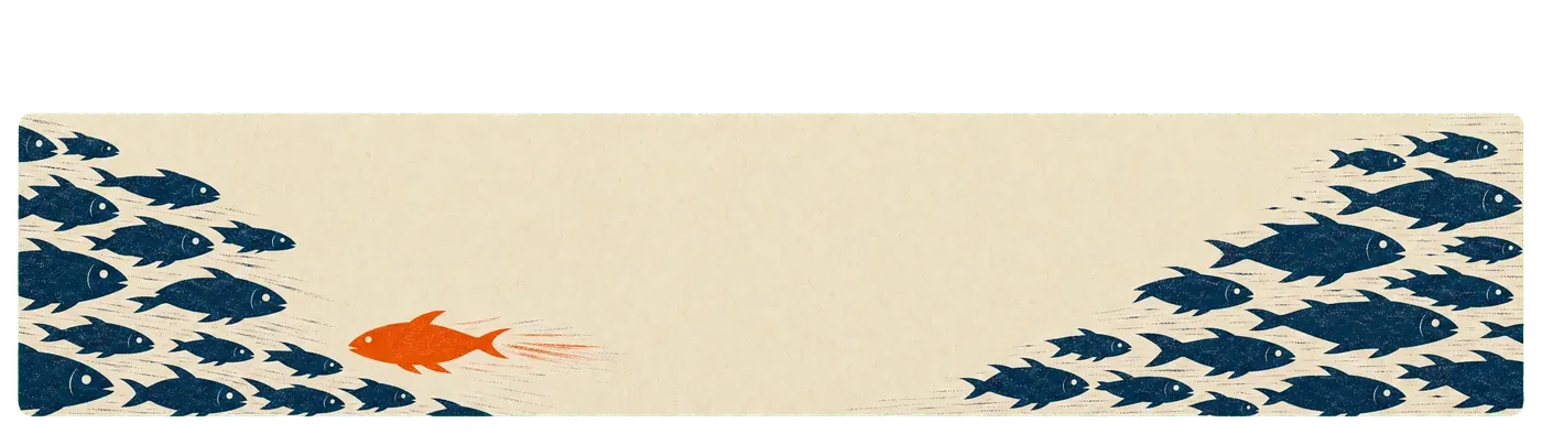A lower third graphic on a transparency checkerboard: an orange fish swimming against the school, keyed as a true transparent PNG