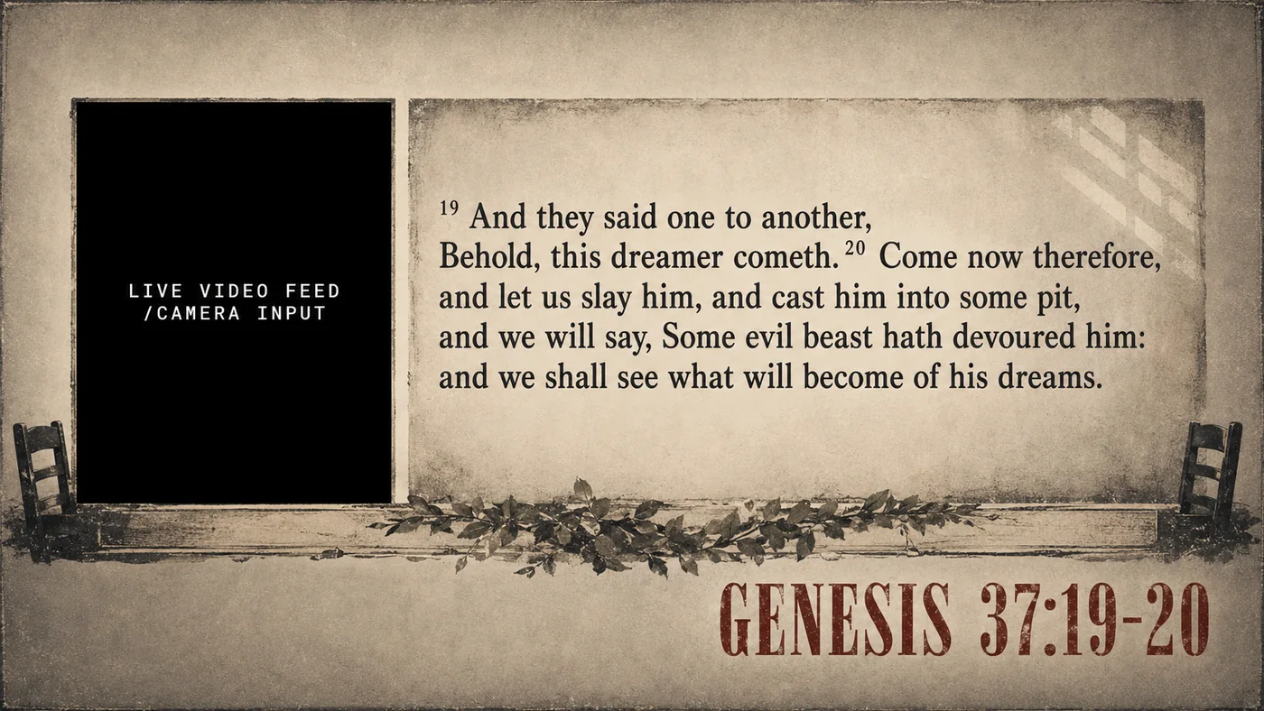 A picture-in-picture frame from the app: the live camera window beside Genesis 37:19-20 on a parchment background