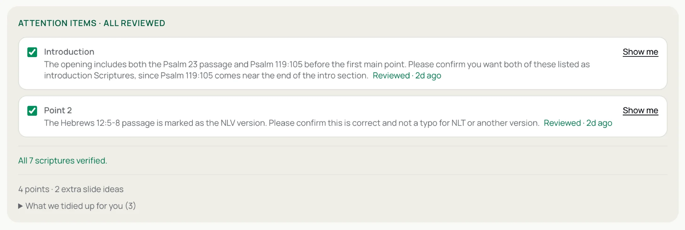 The review panel in Sermon Canvas: two attention items asked in plain English, both checked off, and the line all 7 Scriptures verified